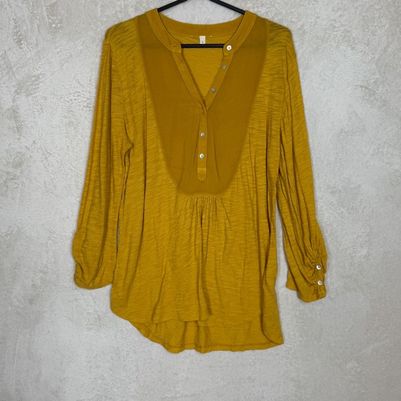 Anthropologie Tops - Anthropologie Mustard Yellow Mixed Media Henley Tunic‎ Top Long Sleeve Size M